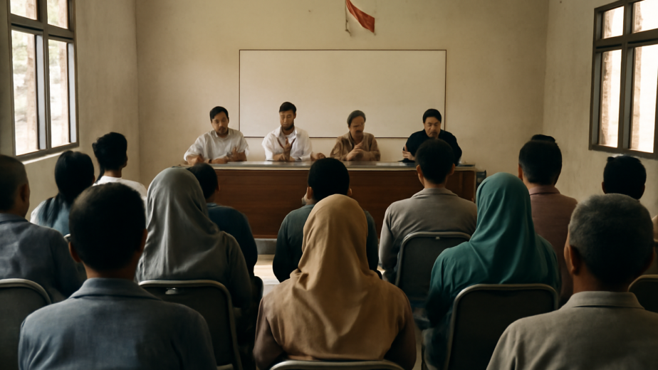Warga mengikuti konsultasi publik untuk membahas kebijakan pemerintah di aula komunitas.