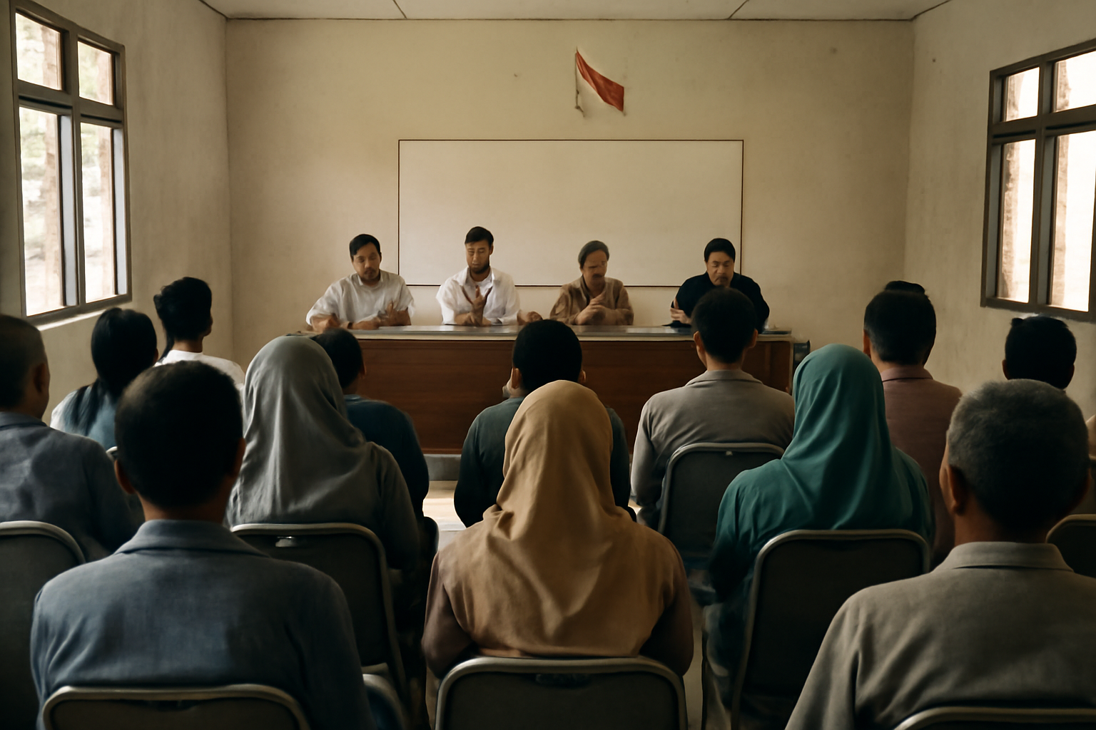 Warga mengikuti konsultasi publik untuk membahas kebijakan pemerintah di aula komunitas.