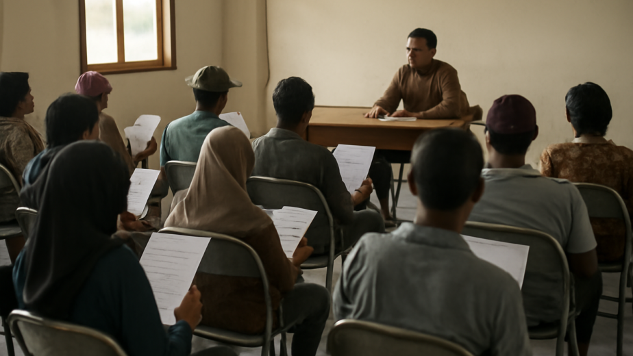 Warga memegang dokumen kebijakan dalam forum konsultasi publik di kantor kecamatan