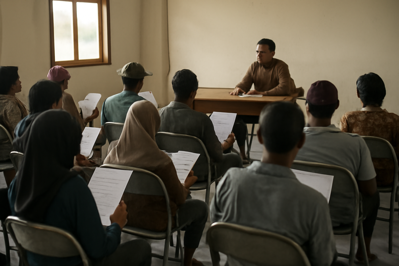 Warga memegang dokumen kebijakan dalam forum konsultasi publik di kantor kecamatan